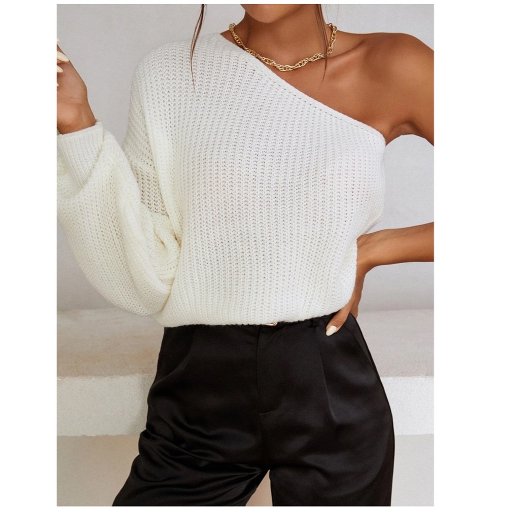 Cable Knit White One Shoulder Lantern Long Sleeve Pullover Sweater - Picture 6 of 7
